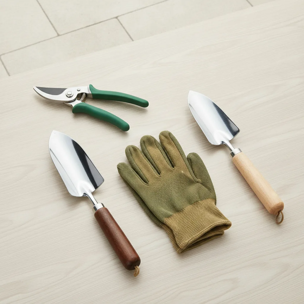 Real photo of neatly arranged garden hand tools